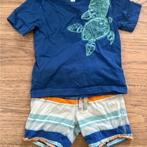 Tea Collection Navy Blue T-Shirt & Multicolor Striped Shorts Set